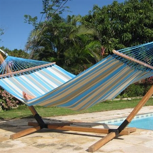 Exclusiva Hamaca de tela verde y turquesa con palos extensores de madera de 160cm. VTQ603-PRO